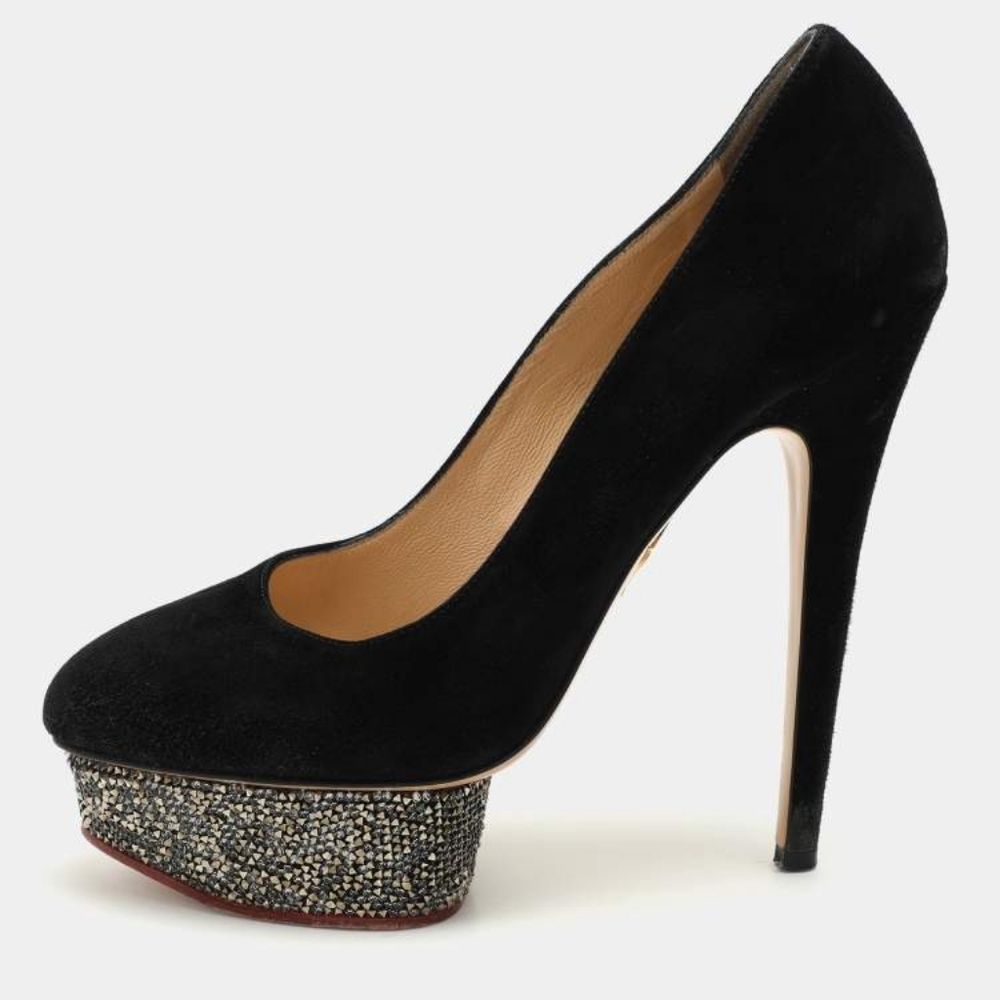 Charlotte Olympia Black Suede Dolly Platform Pumps With Metal Platform Size 38.5